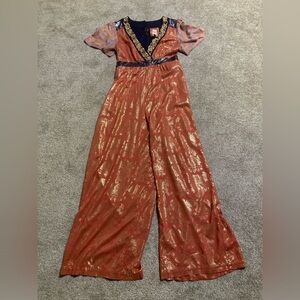 ANTHROPOLOGIE x AKEMI + KIN Sofia Embroidered Jumpsuit Orange Gold Sz 8 {KK4}